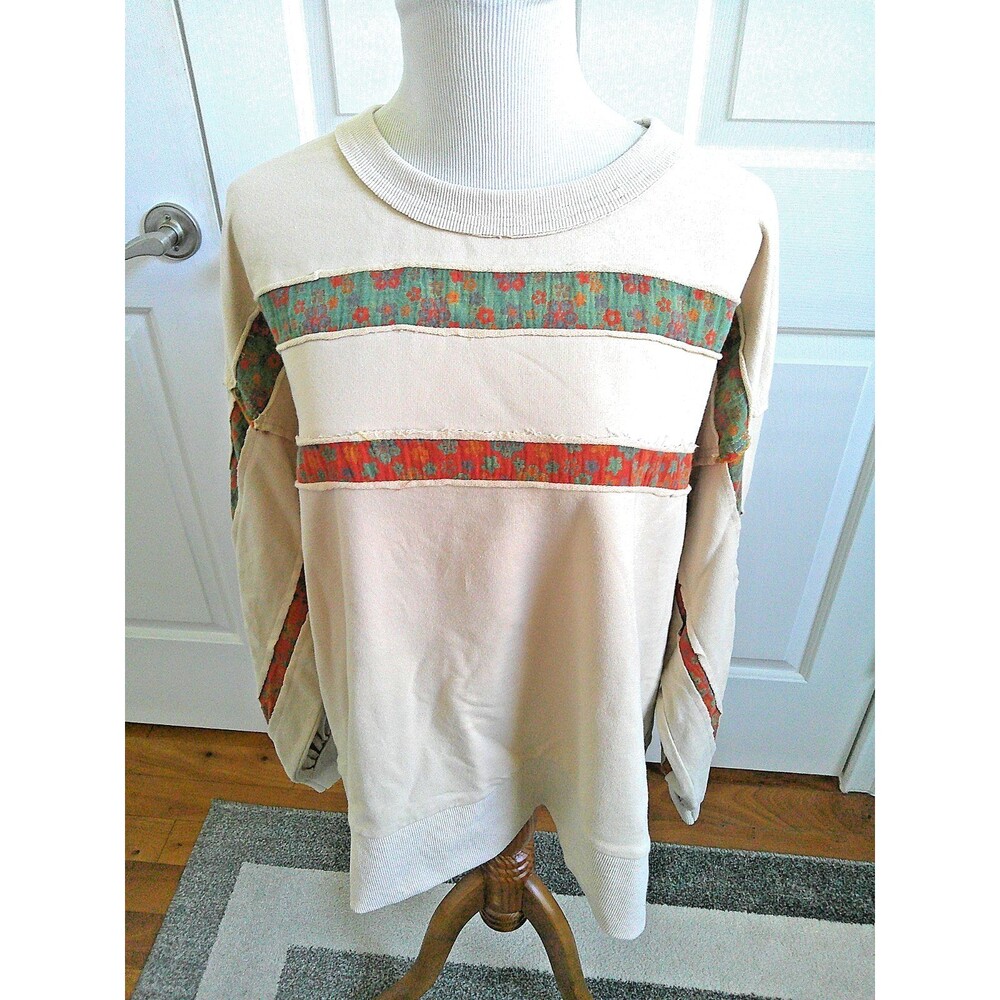 NWT  Easel Tan Green &  Rust Ribbon Frayed Sweatshirt  Boho Oversized Pullover M